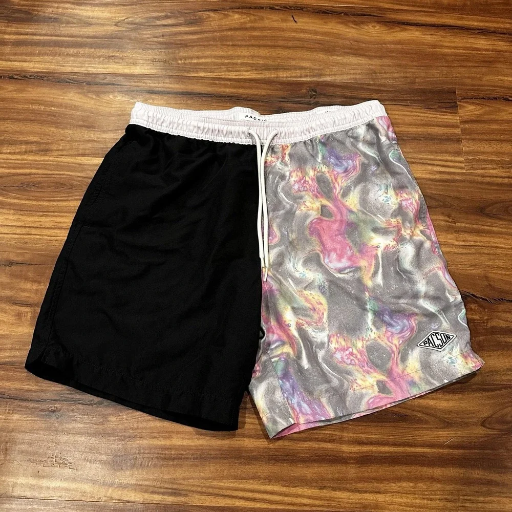 PacSun Shorts Mens Small Black Tie Dye Swim Trunks Lined Pockets Elastic Waist